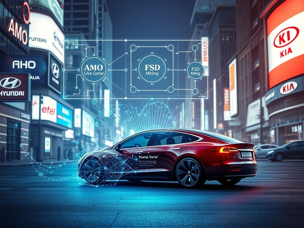 AMO Block roadmap visualizes Tesla vehicle data flowing into a blockchain network for the 2026 Drive-to-Earn 2.0 initiative.