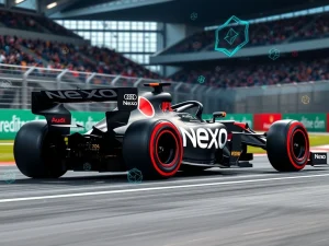 Audi Formula 1 car with Nexo crypto partnership branding racing on track