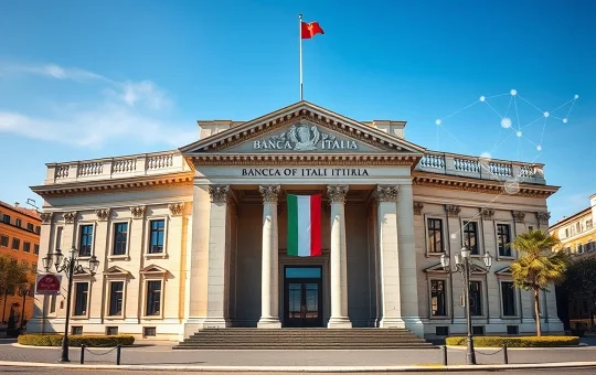 Bank of Italy headquarters with digital finance overlay representing the future of money debate.