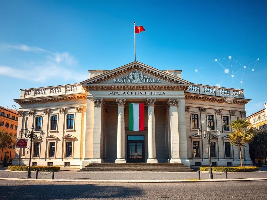 Bank of Italy headquarters with digital finance overlay representing the future of money debate.