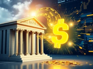 Conceptual visualization of capital migrating from traditional banks to interest-bearing stablecoins.