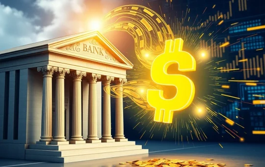 Conceptual visualization of capital migrating from traditional banks to interest-bearing stablecoins.