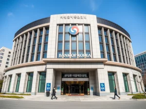 Bank of Korea headquarters in Seoul maintains 2.50% benchmark interest rate for monetary policy stability.