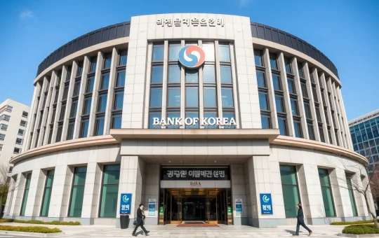 Bank of Korea headquarters in Seoul maintains 2.50% benchmark interest rate for monetary policy stability.