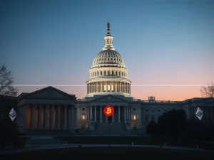 US Capitol with crypto symbols showing banking opposition to crypto market structure bill legislation