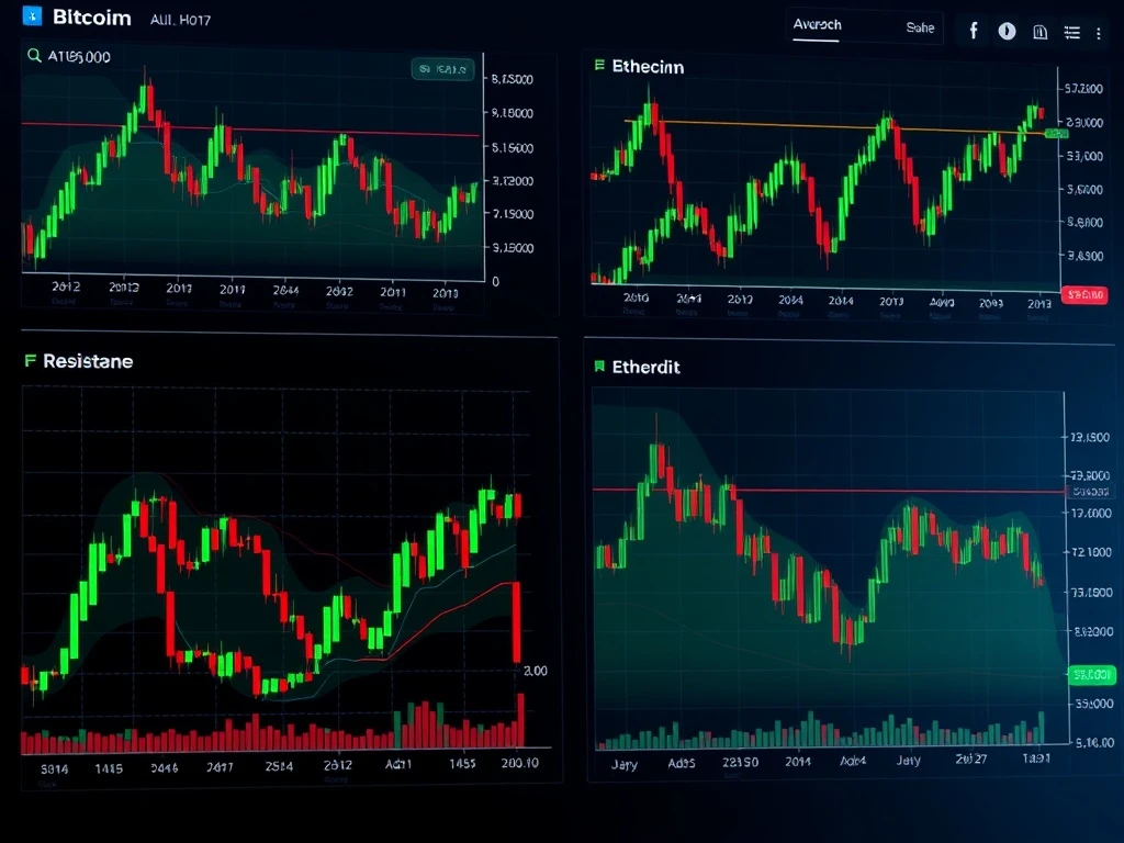 Professional cryptocurrency market analysis dashboard showing Bitcoin and altcoin price predictions with technical indicators