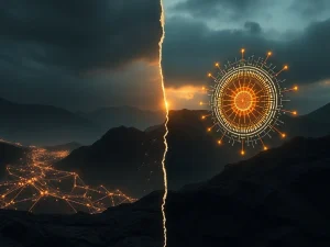 Conceptual split image showing Bitcoin's decentralized network versus a quantum computer, highlighting a security threat.