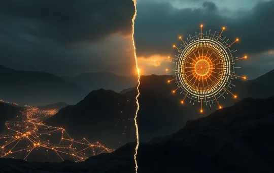 Conceptual split image showing Bitcoin's decentralized network versus a quantum computer, highlighting a security threat.