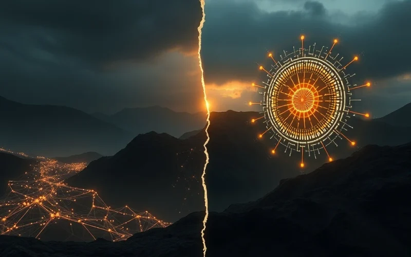 Conceptual split image showing Bitcoin's decentralized network versus a quantum computer, highlighting a security threat.