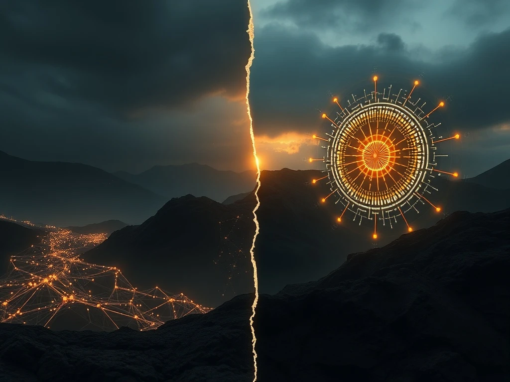 Conceptual split image showing Bitcoin's decentralized network versus a quantum computer, highlighting a security threat.