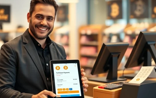 Bitcoin payment confirmation on business tablet showing cryptocurrency adoption in commerce