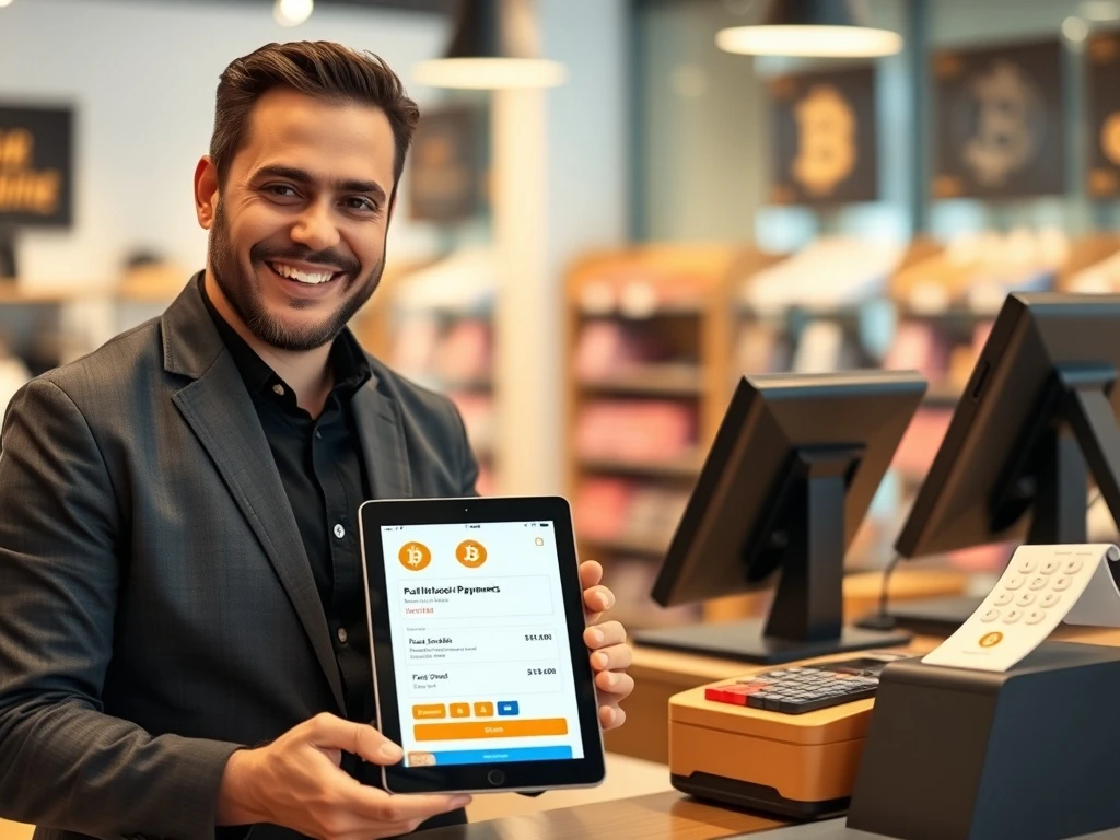 Bitcoin payment confirmation on business tablet showing cryptocurrency adoption in commerce