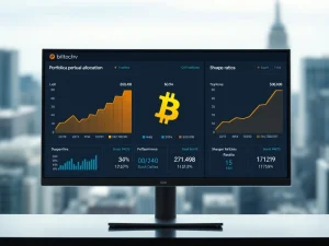 Financial dashboard showing Bitcoin and gold portfolio outperforming traditional 60/40 strategy with tripled Sharpe Ratio.