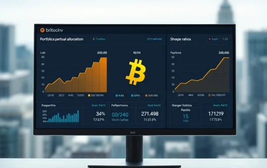 Financial dashboard showing Bitcoin and gold portfolio outperforming traditional 60/40 strategy with tripled Sharpe Ratio.