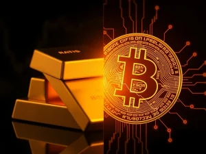 Bitcoin vs gold ratio analysis showing declining trend amid safe-haven demand surge