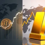 Bitcoin price decline versus gold's record high amid geopolitical tensions and market divergence.