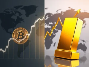 Bitcoin price decline versus gold's record high amid geopolitical tensions and market divergence.