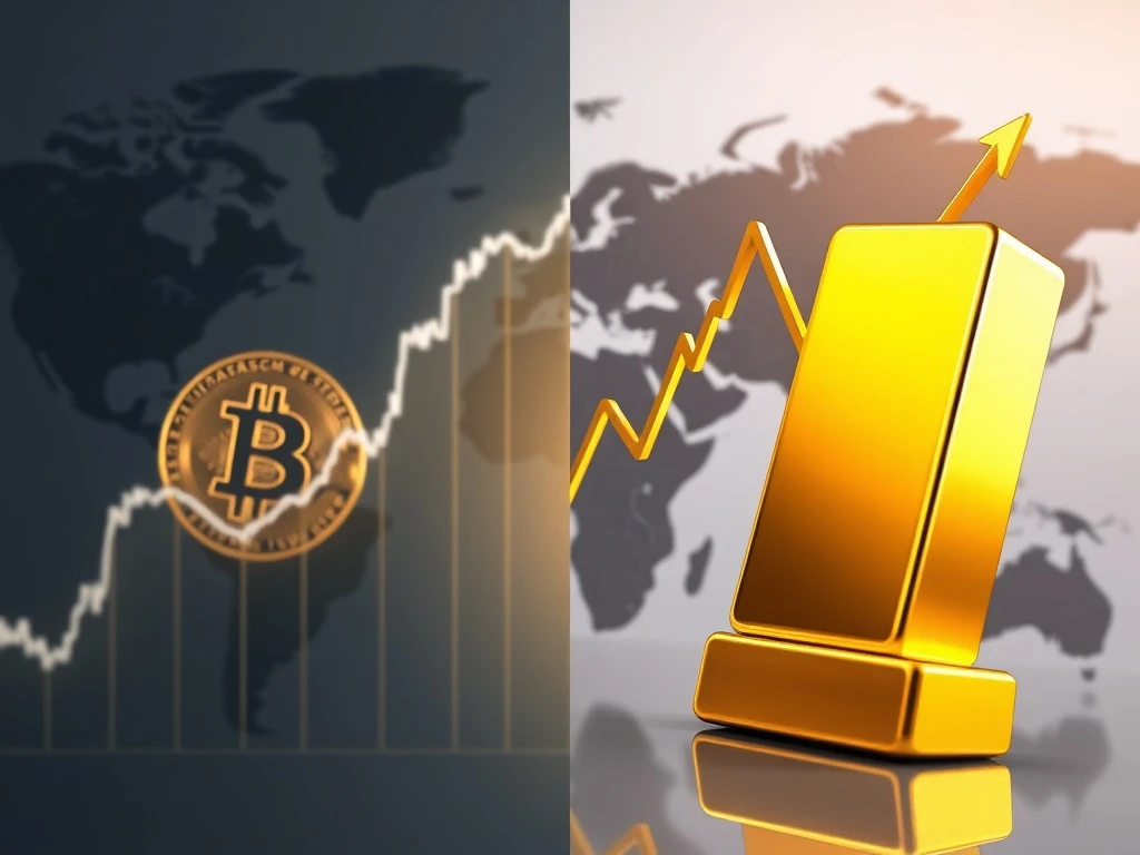 Bitcoin price decline versus gold's record high amid geopolitical tensions and market divergence.