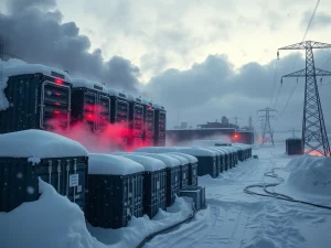 Bitcoin mining facility operations during severe winter storm impacting network hashrate and stock prices