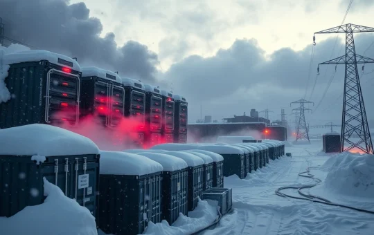 Bitcoin mining facility operations during severe winter storm impacting network hashrate and stock prices