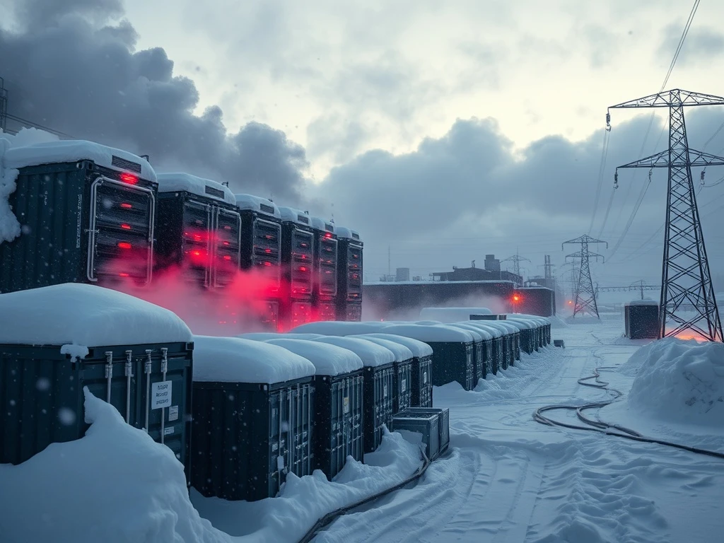 Bitcoin mining facility operations during severe winter storm impacting network hashrate and stock prices