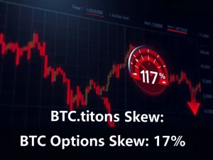 Bitcoin options market showing extreme fear with delta skew at 17% and significant long liquidations