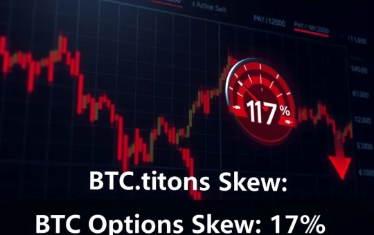 Bitcoin options market showing extreme fear with delta skew at 17% and significant long liquidations