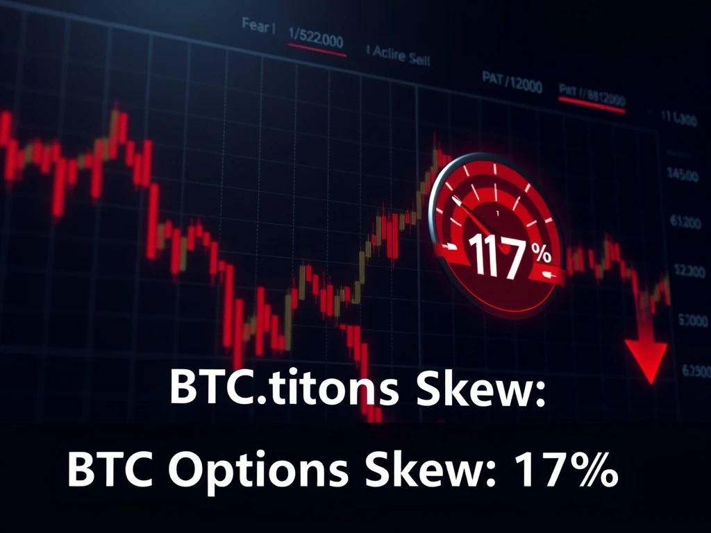 Bitcoin options market showing extreme fear with delta skew at 17% and significant long liquidations