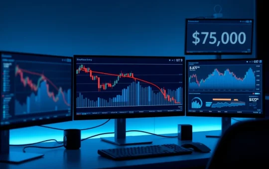 Bitcoin price chart showing decline below $77,000 with market analysis indicators