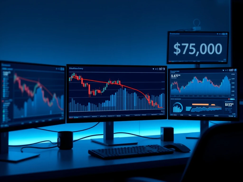 Bitcoin price chart showing decline below $77,000 with market analysis indicators