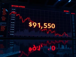 Bitcoin price chart showing a sharp decline below the $92,000 support level on major exchanges.