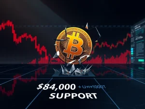 Bitcoin price breaking through critical $84,000 support level during market downturn