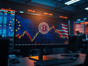 Bitcoin price chart dropping sharply amid US-Europe trade tensions and crypto regulatory news