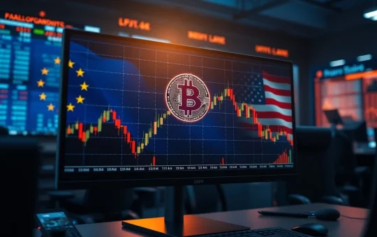 Bitcoin price chart dropping sharply amid US-Europe trade tensions and crypto regulatory news