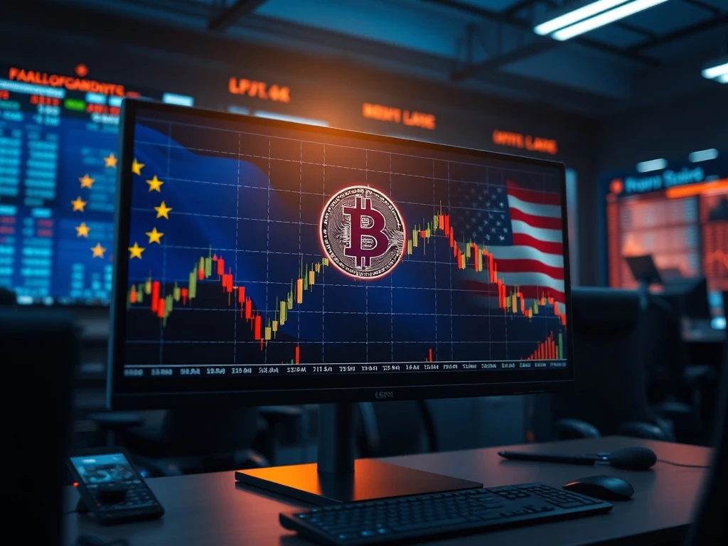 Bitcoin price chart dropping sharply amid US-Europe trade tensions and crypto regulatory news