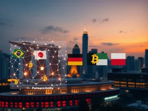 Global financial hub with digital interface showing blockchain integration and sovereign Bitcoin reserves concept.