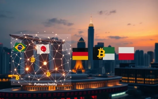 Global financial hub with digital interface showing blockchain integration and sovereign Bitcoin reserves concept.