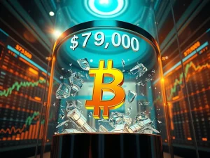 Bitcoin symbol breaking the $79,000 price ceiling in a historic market rally.