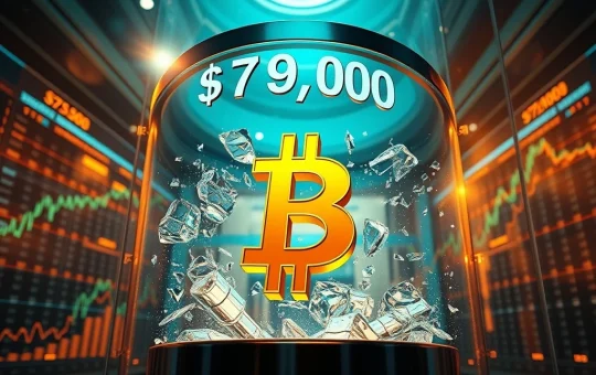 Bitcoin symbol breaking the $79,000 price ceiling in a historic market rally.