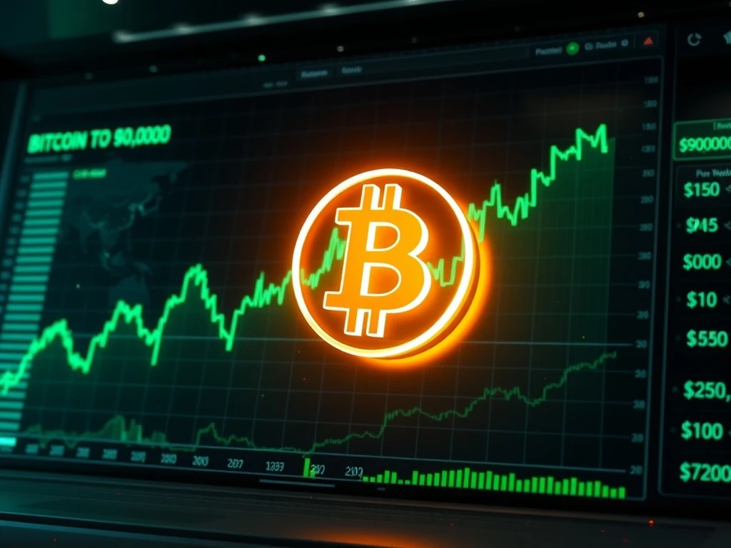 Bitcoin price milestone of $90,000 represented on a futuristic financial data dashboard.