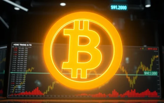 Bitcoin price surges past $92,000 on a financial market data dashboard.