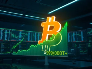 Bitcoin price surges past $97,000 on a digital financial market dashboard.