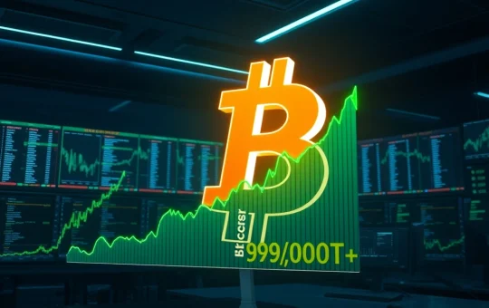 Bitcoin price surges past $97,000 on a digital financial market dashboard.