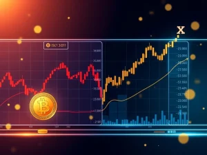Bitcoin price chart declining against rising stock market performance with analytical indicators