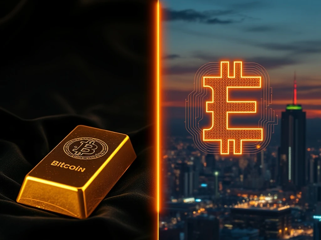 Conceptual split image comparing physical gold bar to digital Bitcoin symbol as competing stores of value.