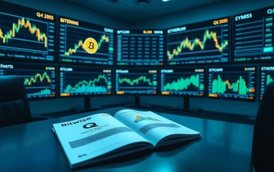 Analyst reviewing Bitwise Q4 2025 report showing crypto bear market bottom signals and recovery charts.