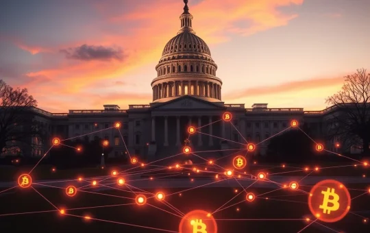 US Capitol with blockchain network representing the Blockchain Regulatory Certainty Act protecting crypto developers
