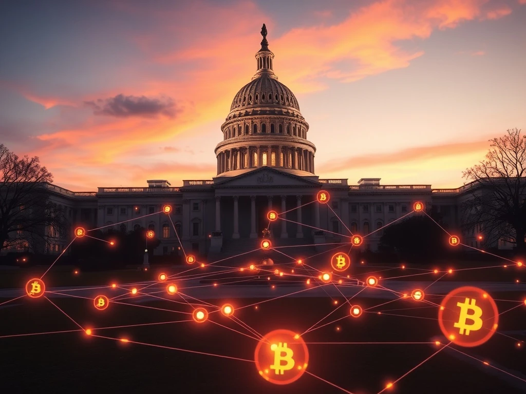 US Capitol with blockchain network representing the Blockchain Regulatory Certainty Act protecting crypto developers