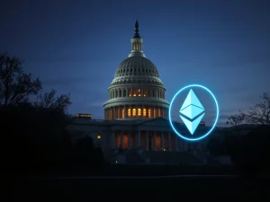 US Capitol with crypto symbols representing the stalled cryptocurrency market structure legislation debate.