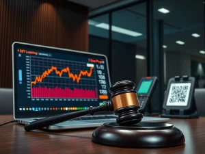 Legal consequences for cryptocurrency embezzlement in China, showing a courtroom gavel and financial charts.
